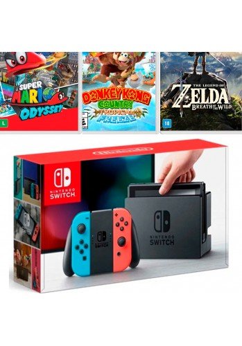 Nintendo Switch + 3 jogos: 32GB  - Neon (Usado)  